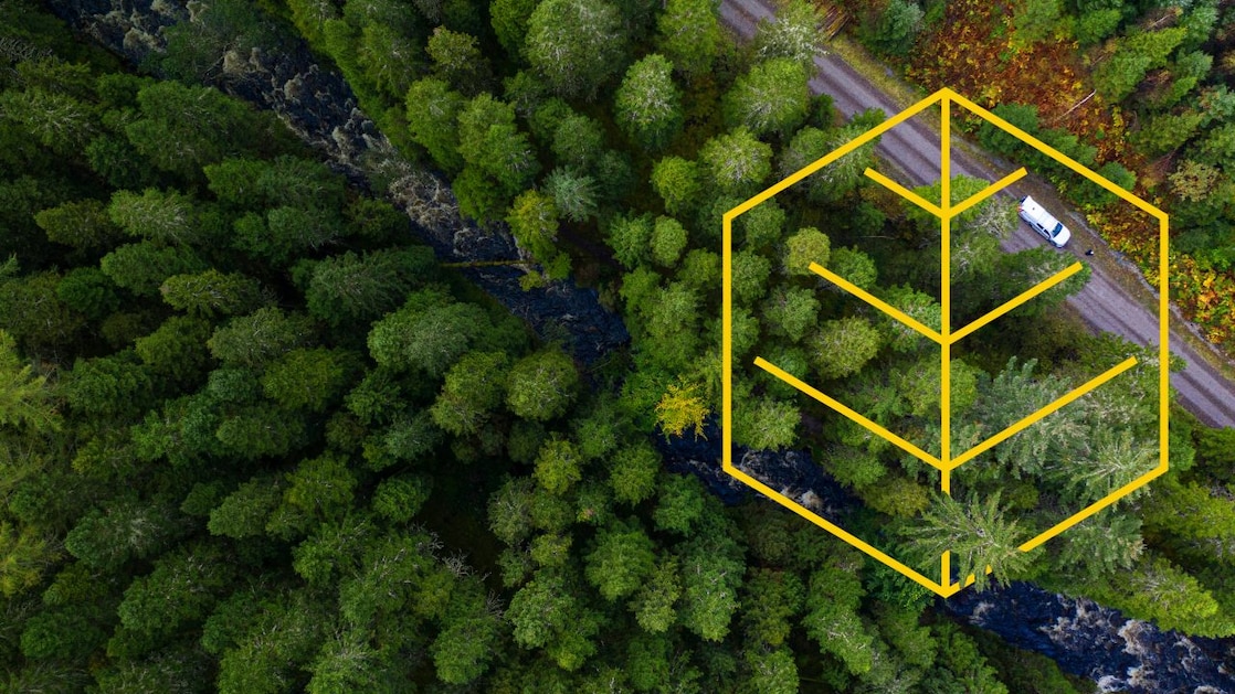 Arial of a river and a white truck on a road in a pine forest with an outline of the Respecting nature graph